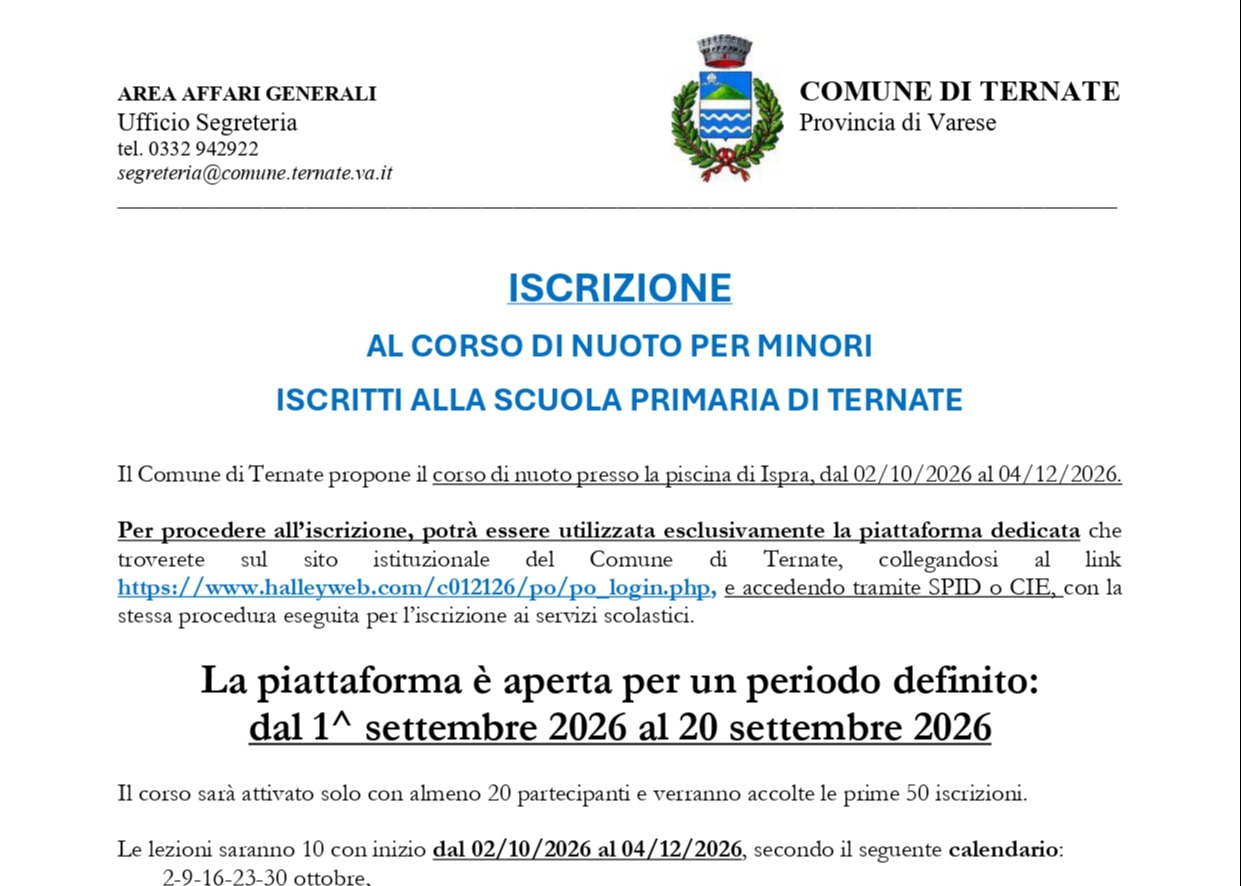 Iscrizione corso di nuoto per alunni della scuola primaria di Ternate