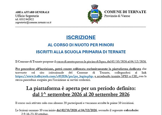 Iscrizione corso di nuoto per alunni della scuola primaria di Ternate