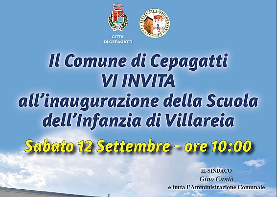 Il Comune di Cepagatti VI INVITA all’inaugurazione della Scuola dell’Infanzia di VILLAREIA - Sabato 12 Settembre - ore 10:00