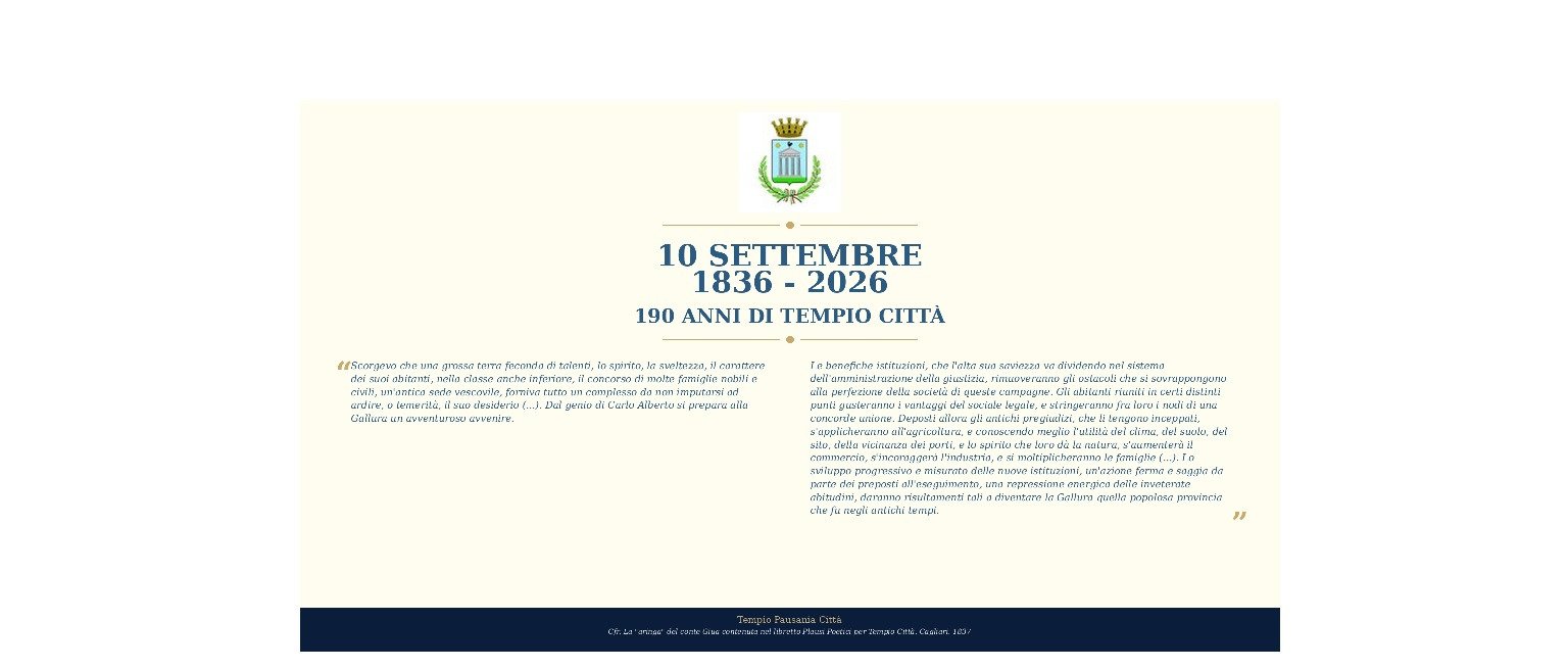 10 settembre 1836 – 10 settembre 2026.  190 anni di Tempio Pausania Città