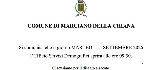 Martedì 15 settembre 2026 l'ufficio Servizi Demografici aprirà alle ore 09:30