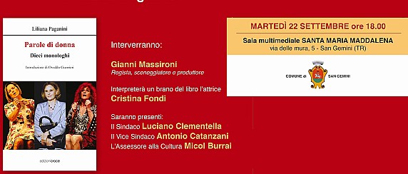 PRESENTAZIONE DEL LIBRO "PAROLE DI DONNA" MARTEDI' 22 SETTEMBRE ORE 15:00 PRESSO LA SALA MARIA MADDALENA