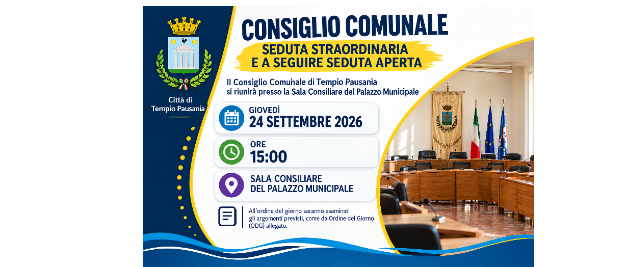Consiglio Comunale: seduta straordinaria e a seguire seduta aperta giovedì 24 settembre