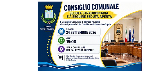 Consiglio Comunale: seduta straordinaria e a seguire seduta aperta giovedì 24 settembre