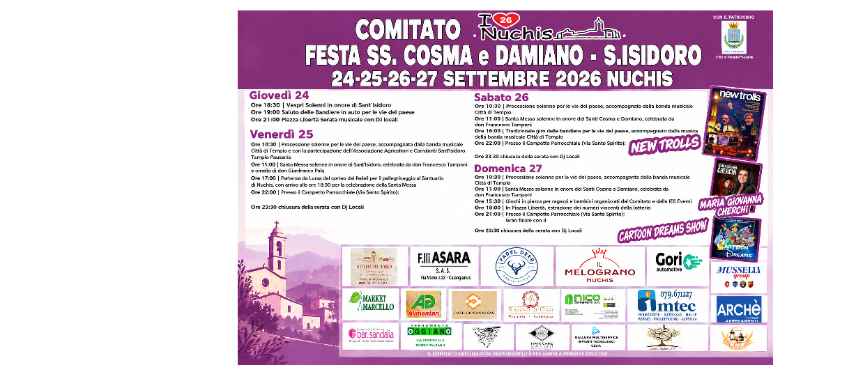 Nuchis, dal 24 al 27 settembre la festa dei Santi Cosma e Damiano e Sant’Isidoro