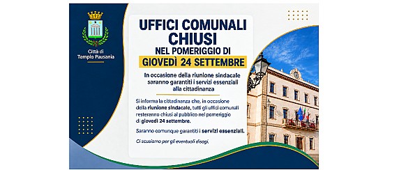 Uffici comunali chiusi nel pomeriggio di giovedì 24 settembre per riunione sindacale