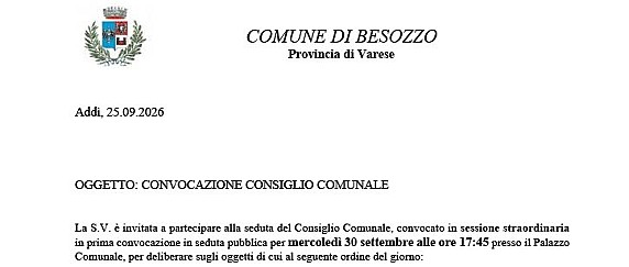 Convocazione Consiglio Comunale -  30 settembre ore 17.45