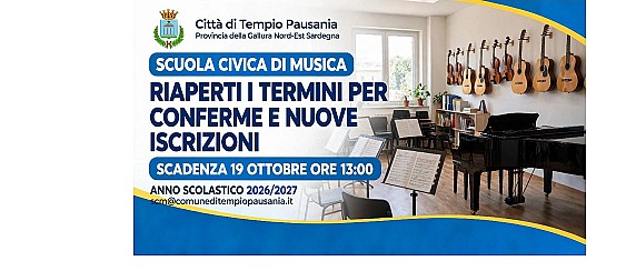 Scuola Civica di Musica: riaperti i termini per conferme e nuove iscrizioni all’anno scolastico 2026/2027