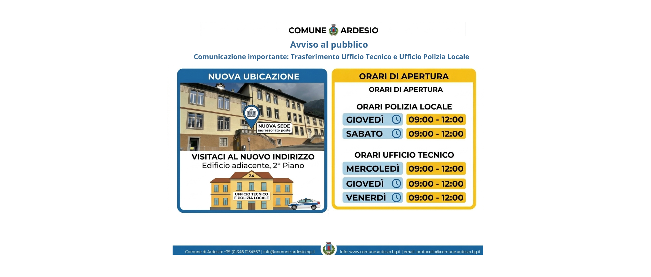 Avviso trasferimento Ufficio Tecnico e Ufficio Polizia Locale