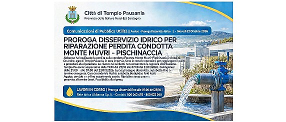 Proroga disservizio idrico per riparazione perdita sulla condotta Monte Muvri–Pischinaccia