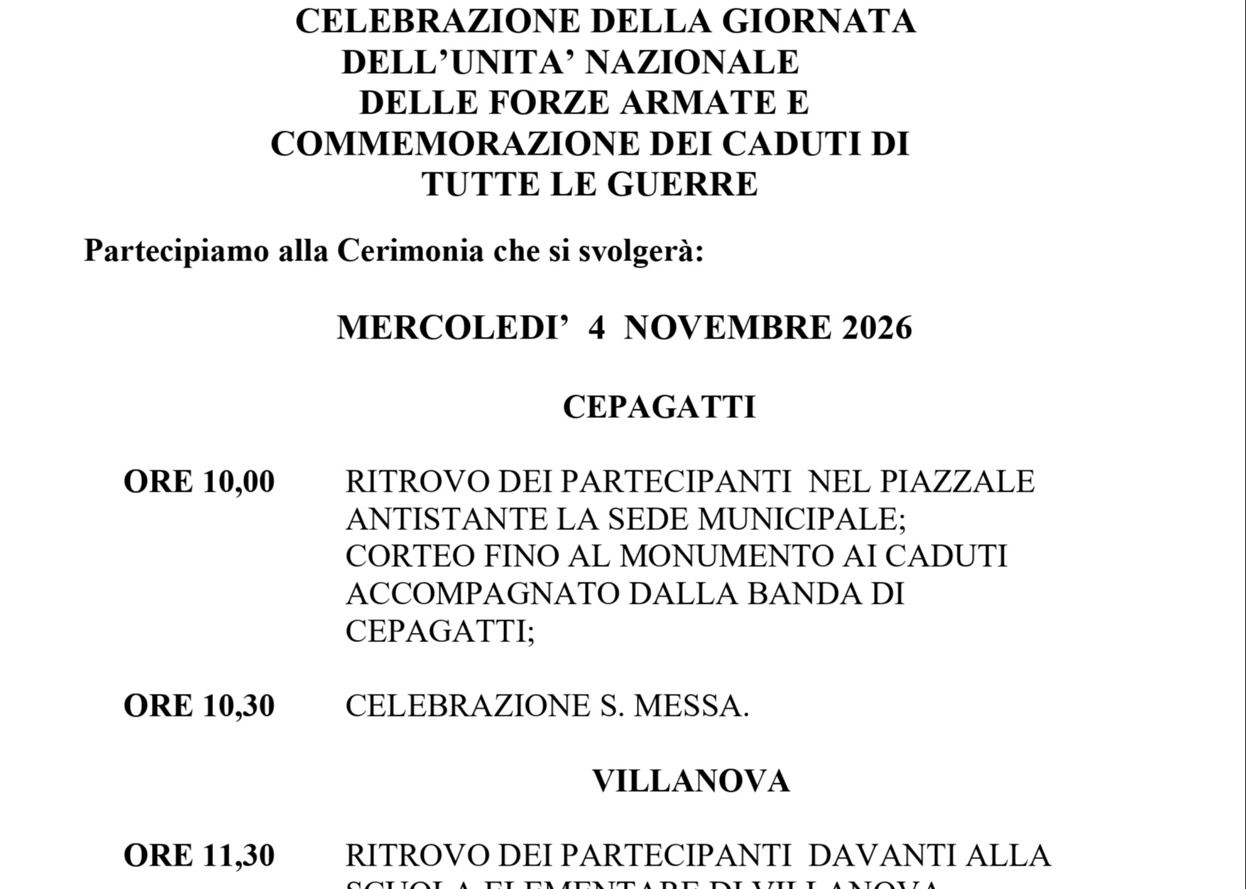 CELEBRAZIONE DELLA GIORNATA DELL’UNITA’ NAZIONALE DELLE FORZE ARMATE E COMMEMORAZIONE DEI CADUTI DI TUTTE LE GUERRE