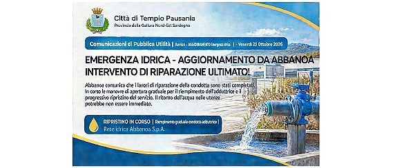 Emergenza idrica, Abbanoa: conclusi i lavori di riparazione della condotta. Avviate le manovre per il ripristino del servizio