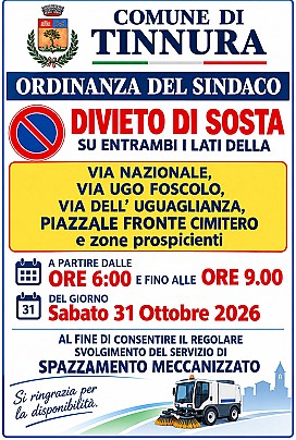 SPAZZAMENTO MECCANIZZATO DIVIETO DI PARCHEGGIO NELLE VIE NAZIONALE, UGO FOSCOLO, VIA DELL'UGUAGLIANZA E PIAZZALE CIMITERO DALLE ORE 06:00 ALLE ORE 09:00 DEL GIORNO SABATO 31 OTTOBRE 2026