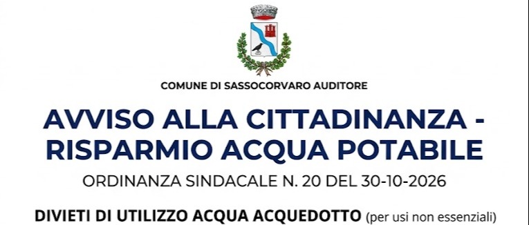 Risparmio idrico e limitazioni per l'utilizzo dell'acqua potabile su tutto il territorio comunale con decorrenza immediata sino al 15 novembre 2026