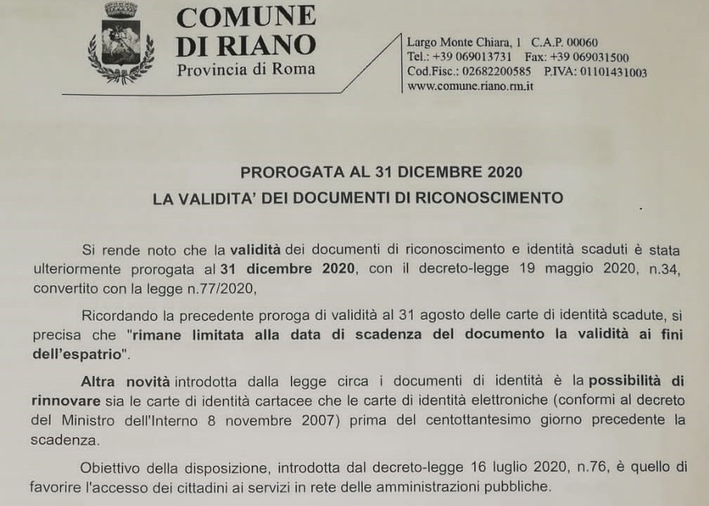 PROROGATA AL 31 DICEMBRE 2020 LA VALIDITÀ DEI DOCUMENTI DI RICONOSCIMENTO