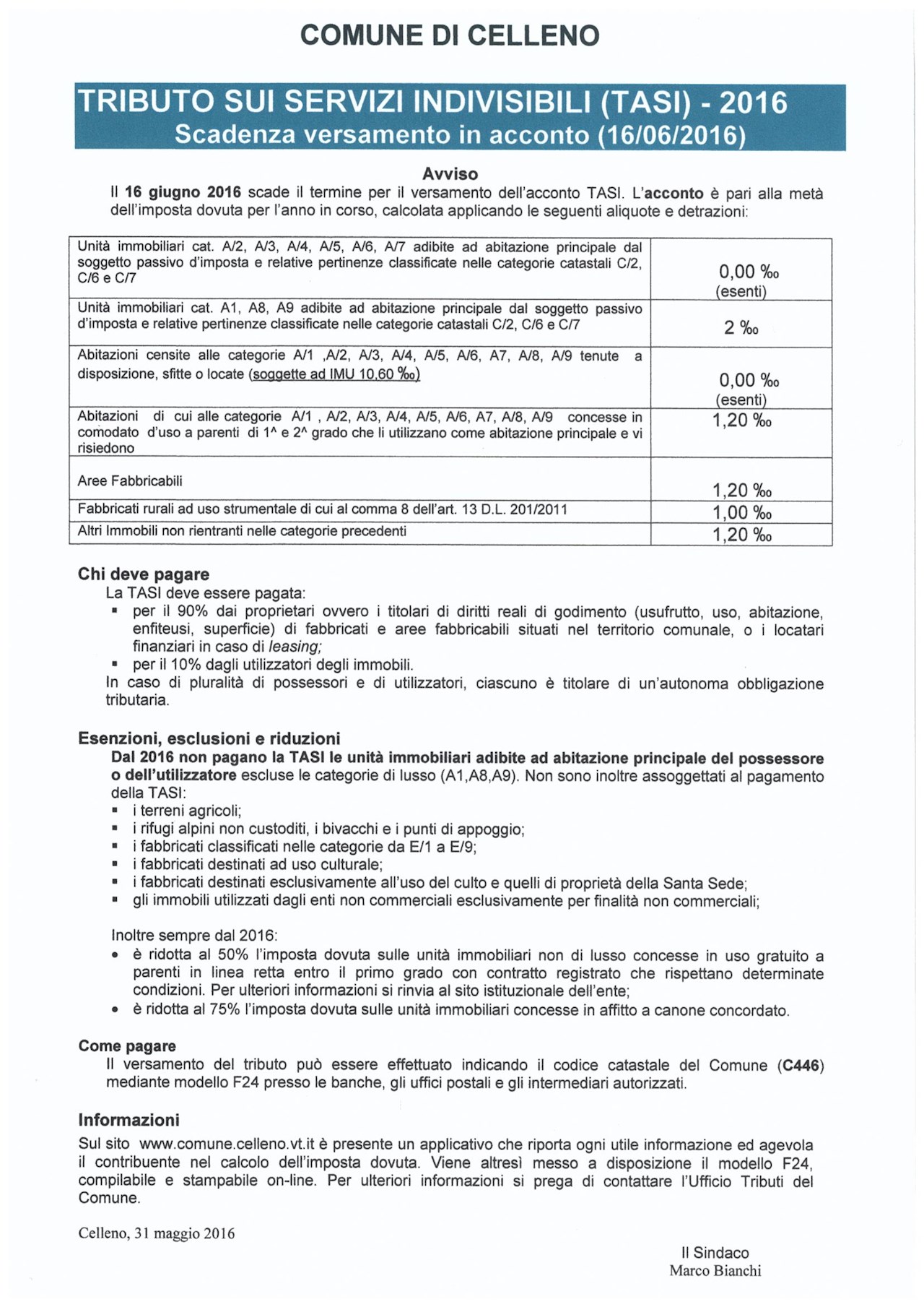 VERSAMENTO ACCONTO TASI ANNO 2016 - SCADENZA 16/06/2016 