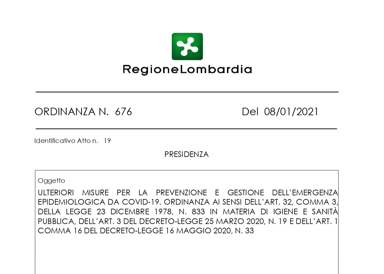 CORONAVIRUS - Ordinanza del Presidente della Lombardia dell' 8 Gennaio 2021