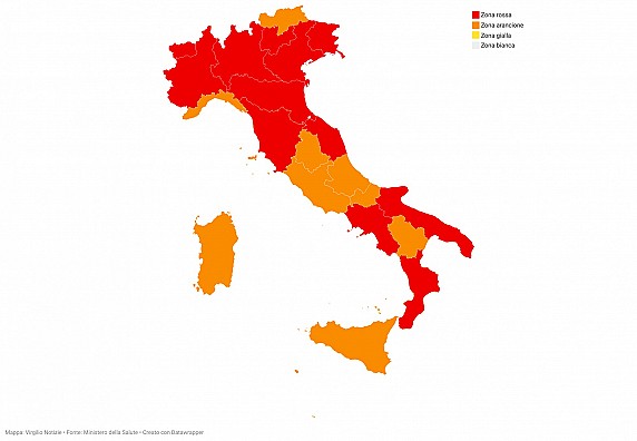 Covid-19: la cartina aggiornata dei colori regionali dal 29 marzo 2021