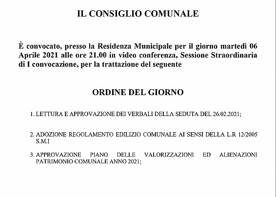 Martedì 6 aprile ore 21:00 Consiglio comunale