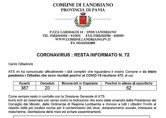 Coronavirus: Resta informato n. 72