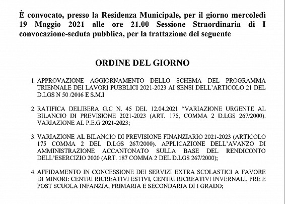 CONVOCAZIONE CONSIGLIO COMUNALE - 19 MAGGIO ORE 21:00