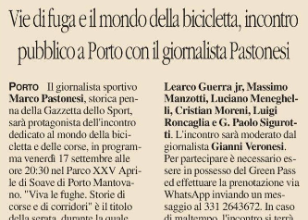 Vie di fuga e il mondo della bicicletta, incontro pubblico a Porto con il giornalista Pastonesi